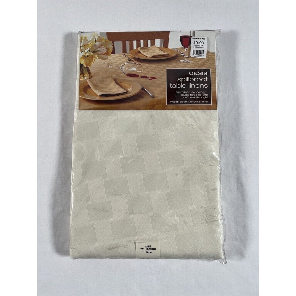 Table Cloth Oasis Spillproof Table Linen 70” Round Ivory Checked Pattern